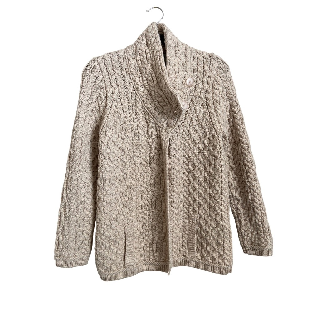 Aran Mór Ireland Cable Knit Merino Wool Chunky Cardigan Sweater Shawl Collar M‎